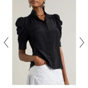 Frame Women's Black Silk Band Collar Ruched Sleeve Gillian Blouse Top Size XL